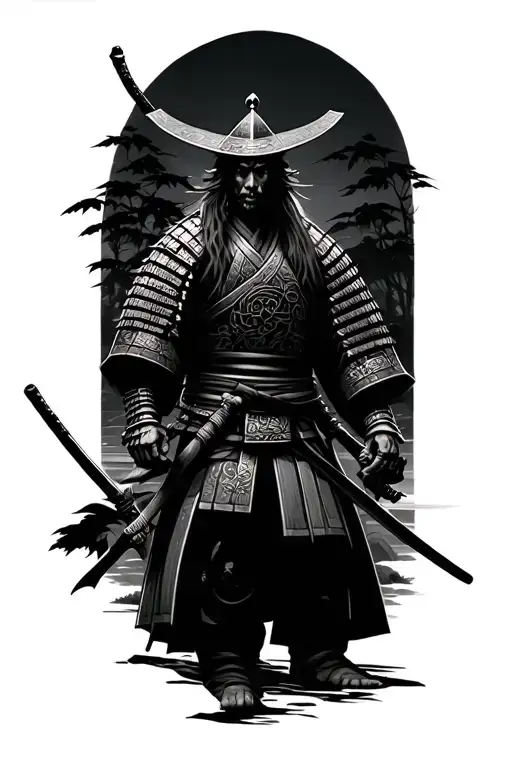 Japanese Samurai Warrior With Nature Scene And Death Vs Life Theme