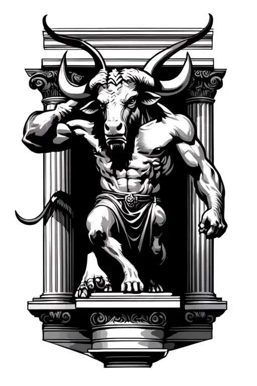 A Minotaur Supported By A Greek Column With A