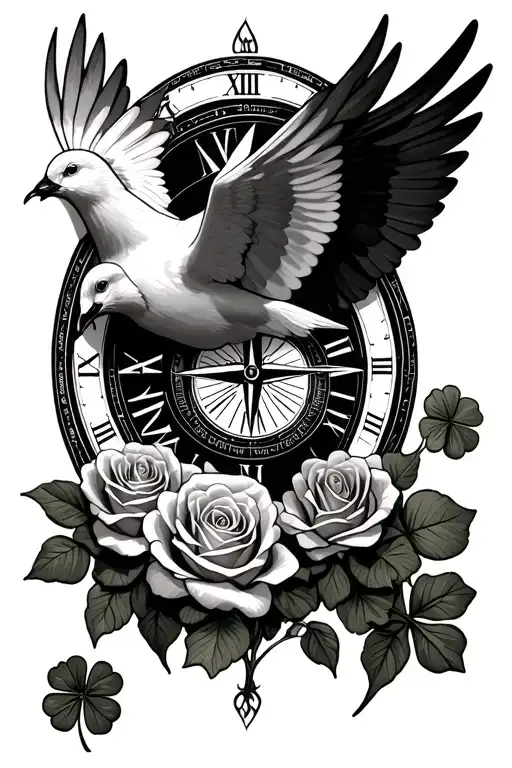 Roses Dove Flying 4 Leaf Clover Roman Numerals Compass