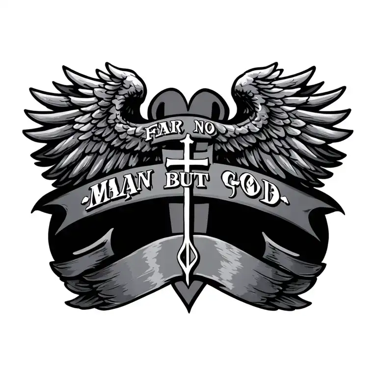 Chest Tattoo Of Cross With Wings That Says Fear No Man But God On Top