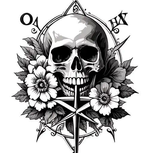 Skull And Compass With Flowers Intertwined