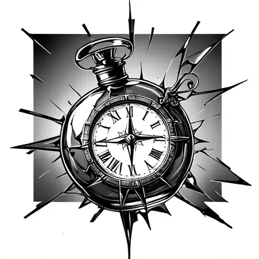 Broken Compass Bottle Of Perfume And Clock