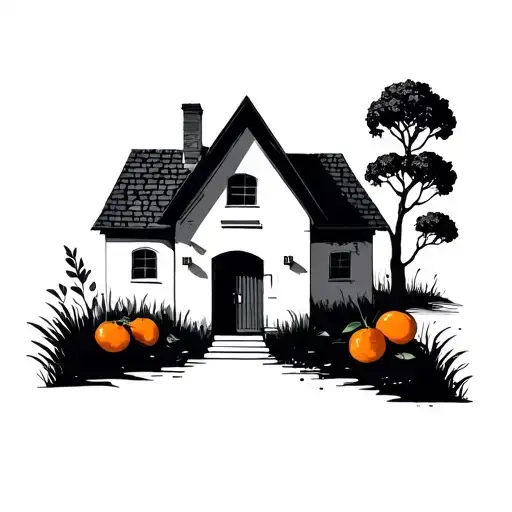 Please Create Me Multiple Minimalistic Tattoo Designs With A House And An Orange Tree In Front Of It