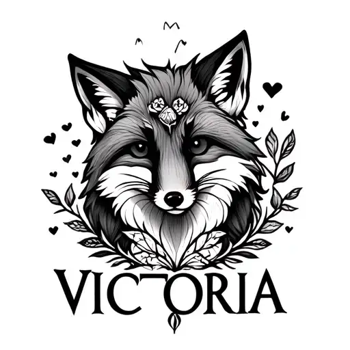 Black And White Tattoo With The Name Victoria And A Fox In The Middle Of The Name