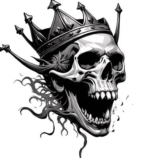 Skull With Crown On Head With Jaw Wide Open Demons Coming Out Of Mouth