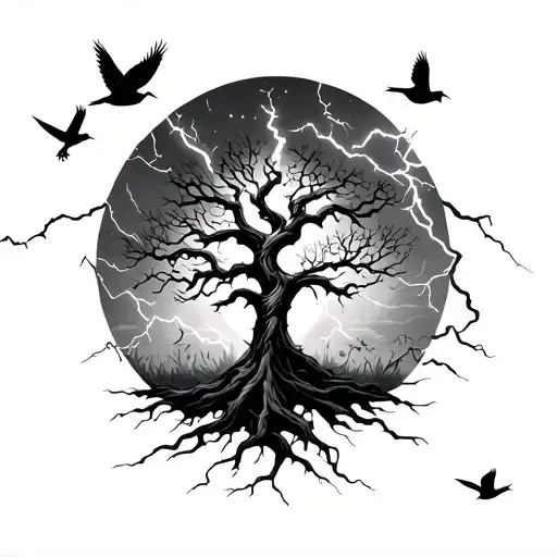 Tree With Birds And Lightning Hitting