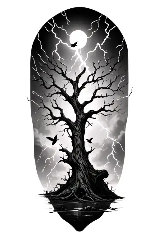 Tree With Birds And Lightning Hitting