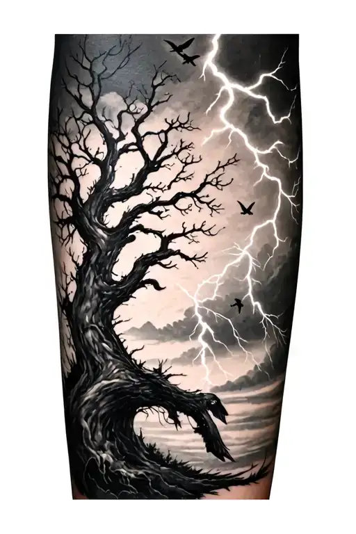 Tree With Birds Going Up Arm And Lightning