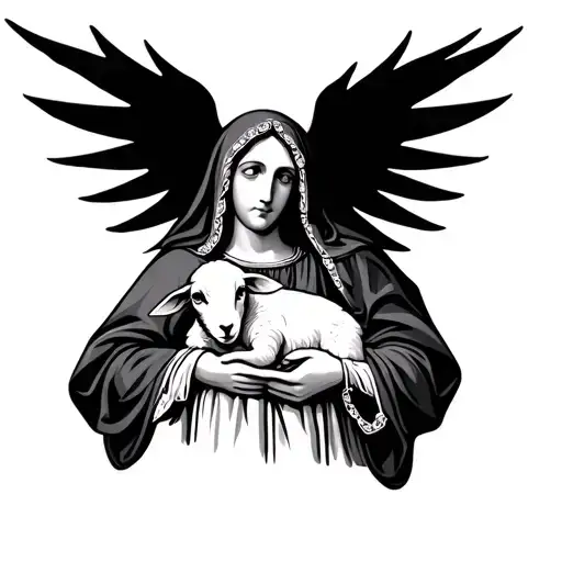 Virgin Mary In A Black And Jeweled Mantle Holding A Little White Lamb
