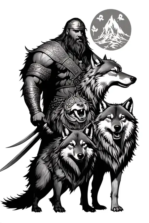 One Viking Warrior And Two Wolves