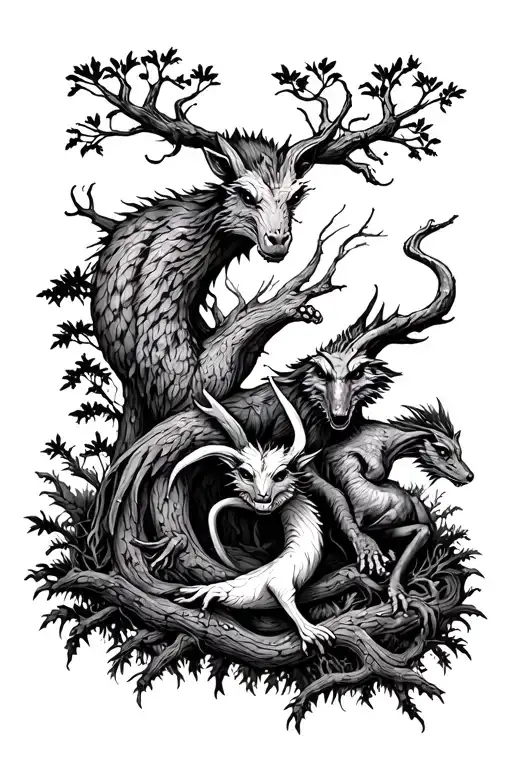 Forest Scene With Creatures Intertwined