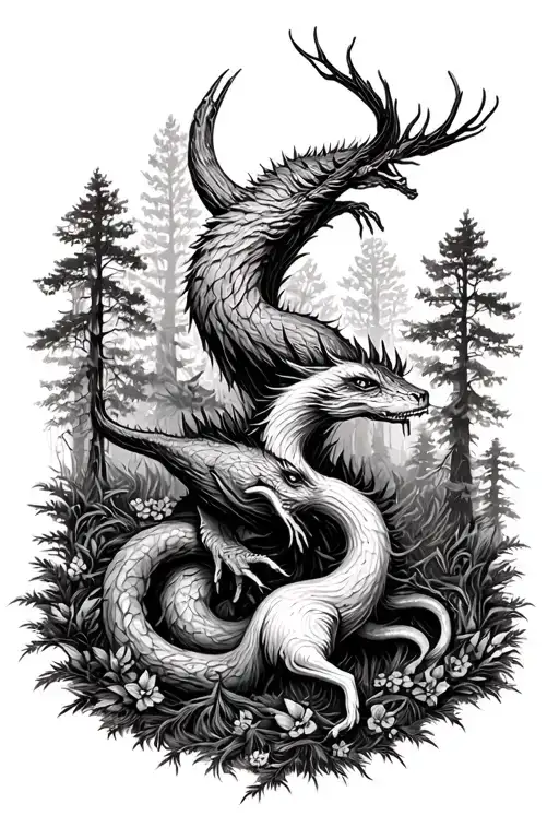 Forest Scene With Creatures Intertwined