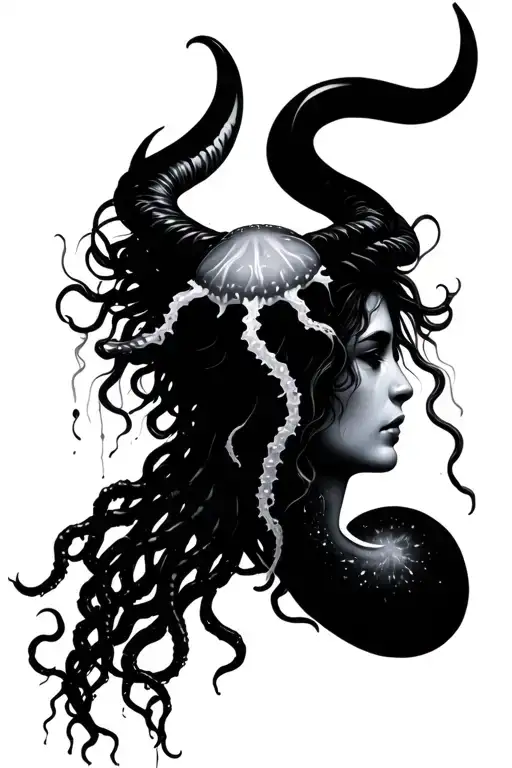 Medusa With Jelly Fish And Taurus Zodiac Sign