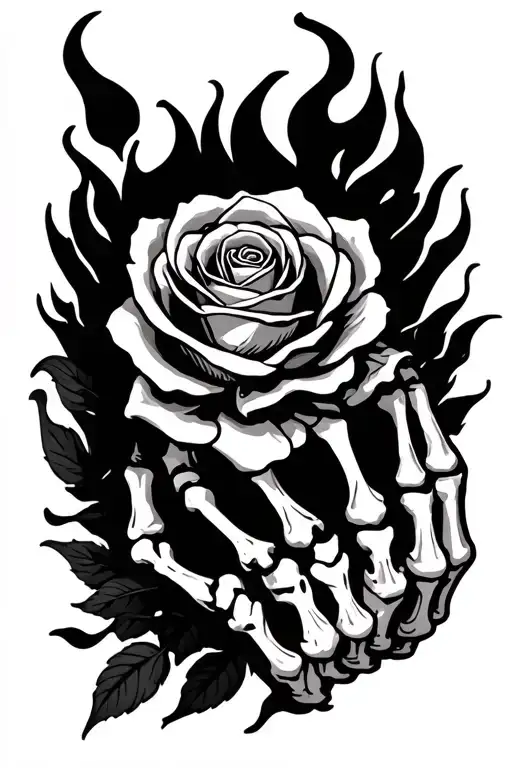 Skeleton Hand And Fire Rose