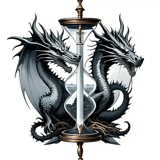 Dragons With Hour Glass Containing Sword And Tree Of Lifw