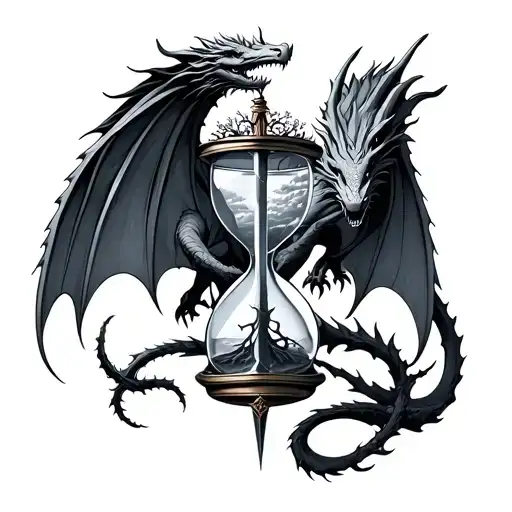 Flyinf Dragons With Hour Glass Containing Sword And Tree Of Life