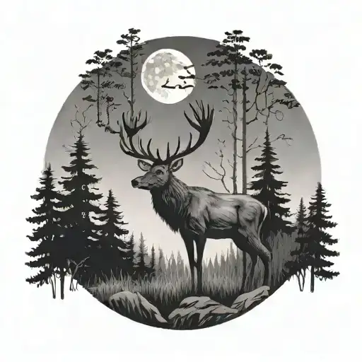 A Stag Stood In A Forest With A Full Moon In The Sky