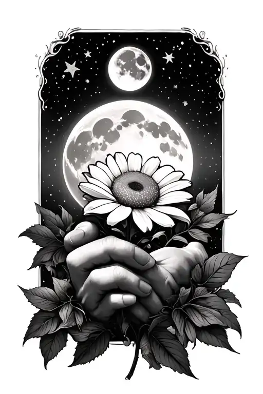 Decaying Hand Hold A Flower Blooming With The Moon