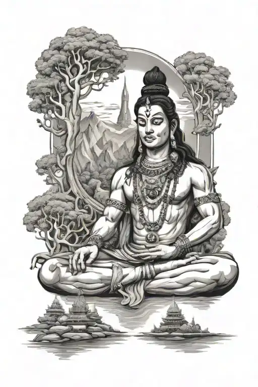An Intricate Black And Grey Tattoo Of Lord Shiva Meditating In A Serene Landscape