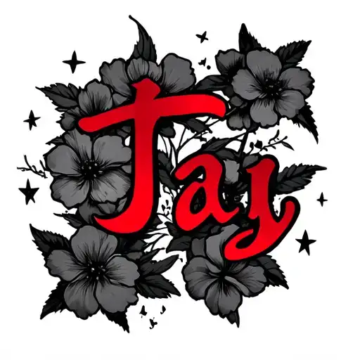 Japanese Letters That Spell Tay In Red Surrounded By Black Sakura Flowers And Stars Forearm Tatoo