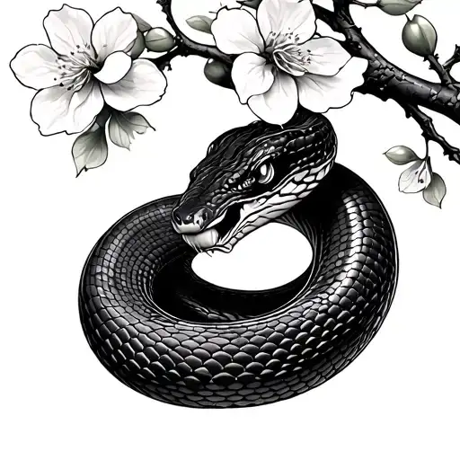 Snake With Cherry Blossoms In Fine Black Fine Line