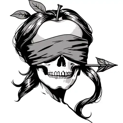 Head Of A Woman With Blindfold With An Apple On Her Head And An Arrow Going Through Her Skull
