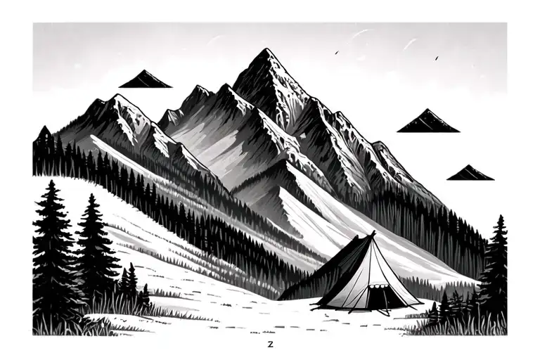 Simple Minimalist Mountain Range With Light Shading And Scattered Trees And A Small Tent