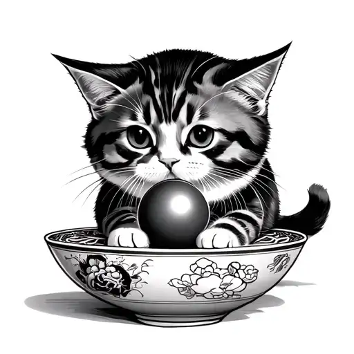 A Cat Playing With A Chinese Ball Against The Background Of A Noodle Bowl
