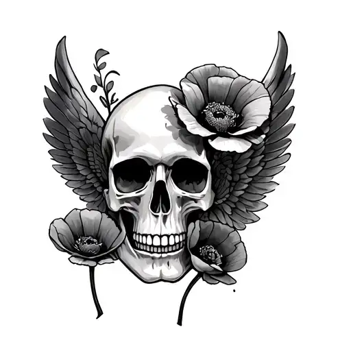 Skull With Wings And Three Poppys
