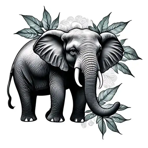 Front Facing Elephant And Elephant Leaves Intertwined