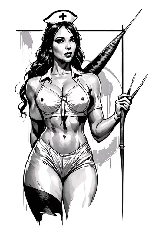 Sexy Nurse Holding Needle With Bat In Background Black