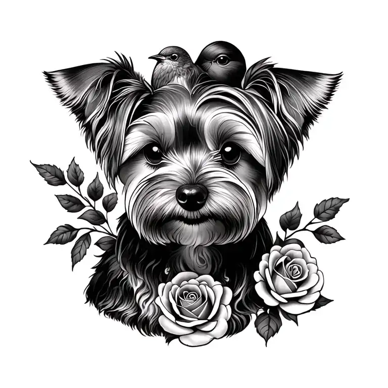 Yorkshire Terrier With A Robin Bird And Roses Intertwined