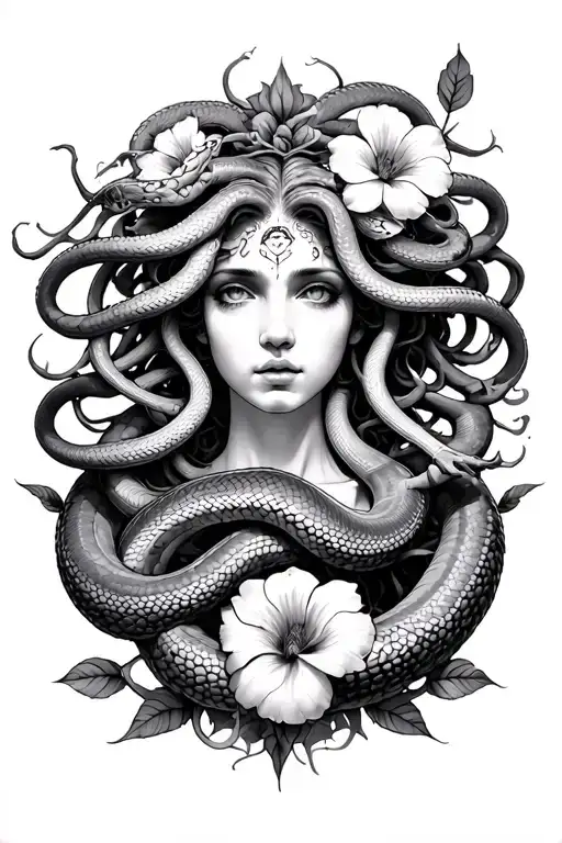 Medusa With 8 Snakes And 3 Flowers