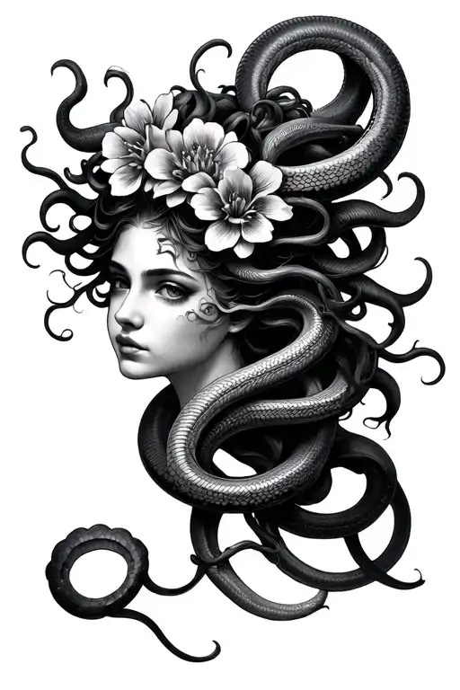 Medusa With 8 Snakes As Hair And 3 Flowers