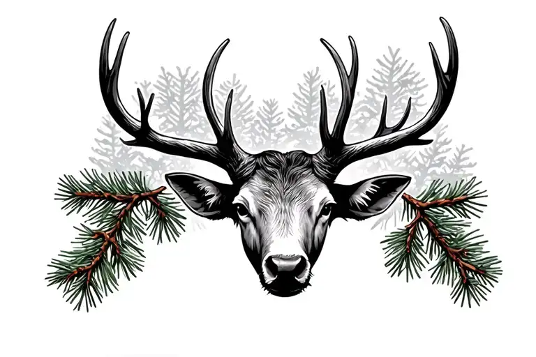 Horn With Elk Sheds And Pine Tree Branch