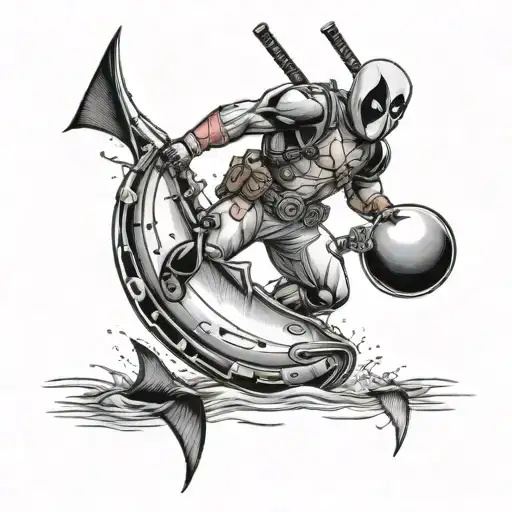 A Tattoo Design Of Deadpool Fishing In A Lake With An Alien Spaceship Flying Overhead