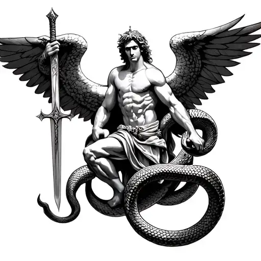 Saint Michael Defeating Snake Wrapped Tightly Holding Sword