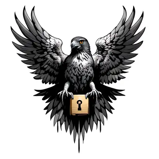 Hawk With Wings Outspread With A Lock In The Center Of Its Chest