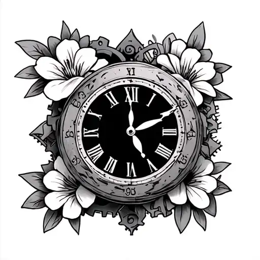 Hand Clock With Gears And With Lili Flowers Surrounded