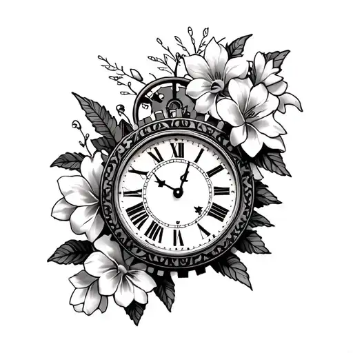 Hand Clock With Gears And With Lili Flowers Surrounded