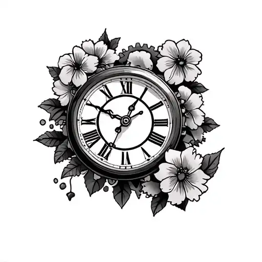 Hand Clock With Gears In The Middle And With Lili Flowers Surrounded