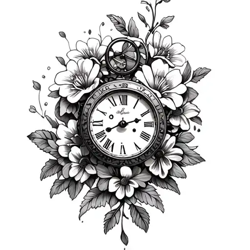Hand Clock With Gears In The Middle And With Lili Flowers Surrounded