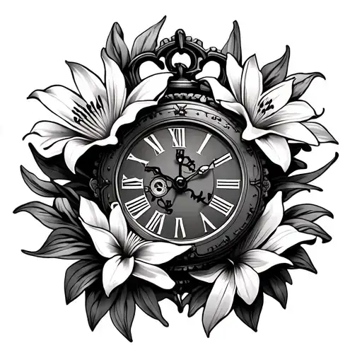 Hand Clock With Gears In The Middle Of Clock Surrounded By Lilies