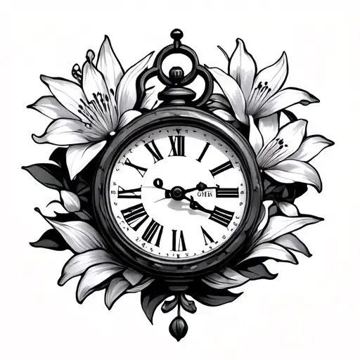 Hand Clock With Gears In The Middle Of Clock Surrounded By Lilies