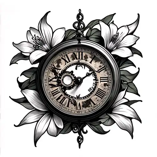 Hand Clock With Gears In The Middle Of Clock Surrounded By Lilies