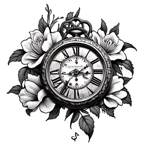 Hand Clock With Gears In The Middle Of Clock Surrounded By Lilies And Roses
