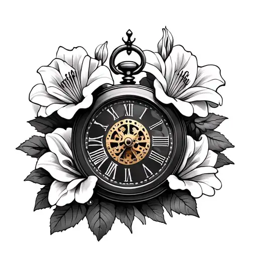 Hand Clock With Gears In The Middle Of Clock Surrounded By Lilies And Roses