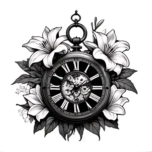 Hand Clock With Gears In The Middle Of Clock Surrounded By Lilies And Roses