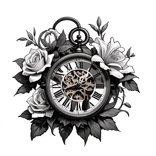Hand Clock With Gears In The Middle Of Clock Surrounded By Lilies And Roses
