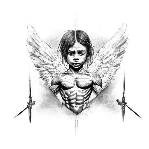 Muscular Fallen Angel Laying Its Head On Its Lap With Ripped Wings